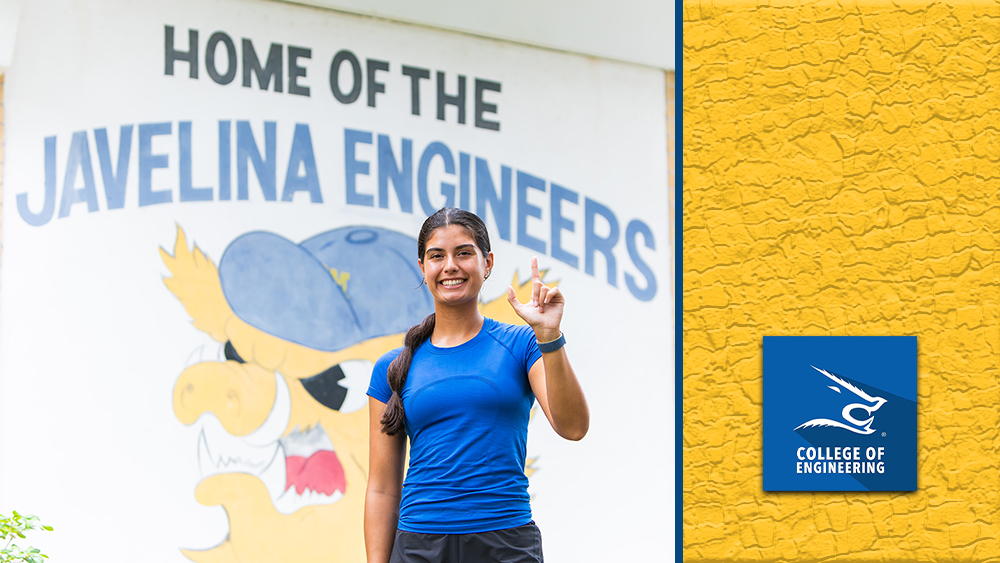 A student creates the letter “J” with her hand while standing in front of a mural that reads” Home of the Javelina Engineers.” A graphic featuring a Screaming Javelina logo reads: College of Engineering. Photo by Jesus A. Reina.