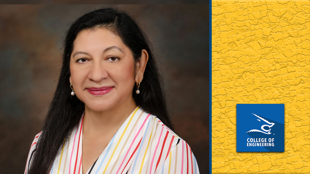 Headshot of Dr. Lucy Mar Camacho. A graphic with a Javelina and text reads: College of Engineering.