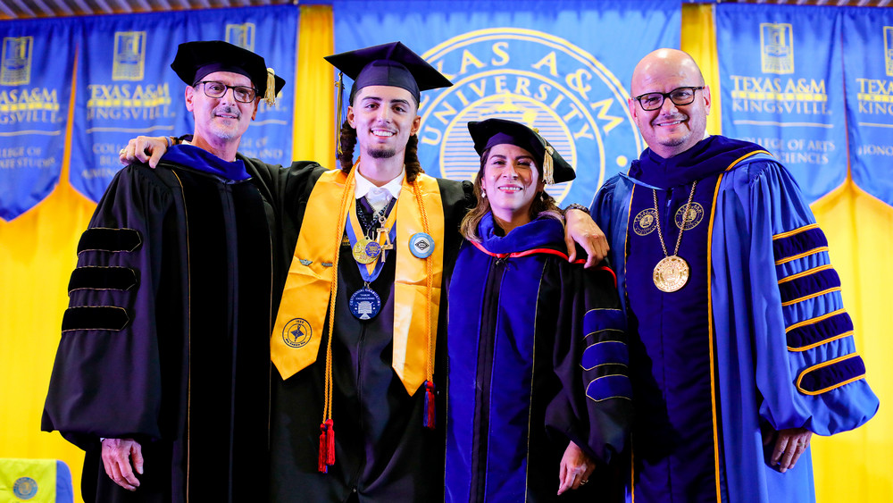 Anthony Zane Anderson celebrates graduation alongside university leaders who helped shape his engineering journey. From left: Dr. James Palmer, Anthony Zane Anderson, Dr. Heidi A. Taboada, and Dr. Robert H. Vela Jr.