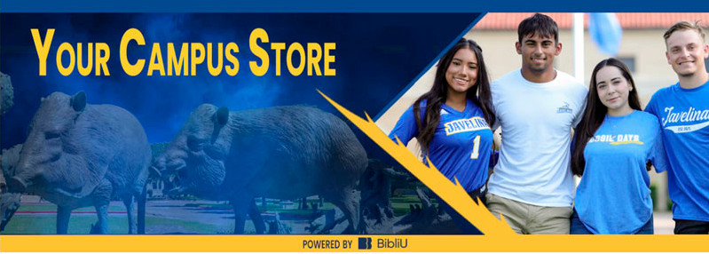 Four Students posing for photo with text that reads Your Campus Store